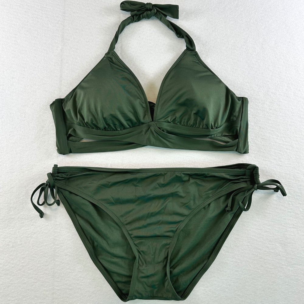Kona Sol Women Olive Green Halter Bikini Set D/DD Top Side Tie Bottoms XL